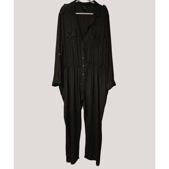 Ashley Stewart Olive Green Button-Up Jumpsuit W/ Pockets & Elastic Waist Size 24 - Picture 1 of 15